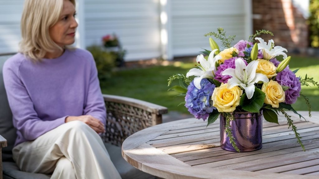 A Coral Gables Mom celebrates Mother's Day on her back patio. She sits in a chair with family surrounding the patio table. She just received a Mother's Day flower arrangement from Coral Gables Bouquets.